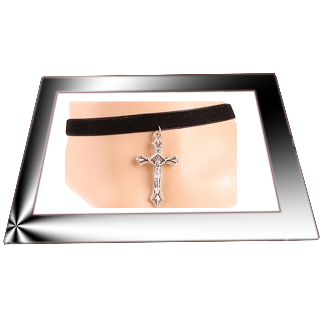 Black Velvet Choker Collar Necklace with Cross