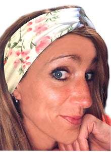White with Pink Floral IT'S RIDIC! Women's Knot Style Headband in Boho, Hawaiian, Floral, and Solid Designs. The Perfect Hair wrap for Cute and Casual Days.