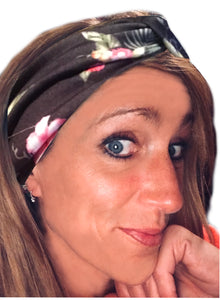 Black with Pink Floral IT'S RIDIC! Women's Knot Style Headband in Boho, Hawaiian, Floral, and Solid Designs. The Perfect Hair wrap for Cute and Casual Days.