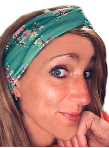 Green with PInk Floral IT'S RIDIC! Women's Knot Style Headband in Boho, Hawaiian, Floral, and Solid Designs. The Perfect Hair wrap for Cute and Casual Days.
