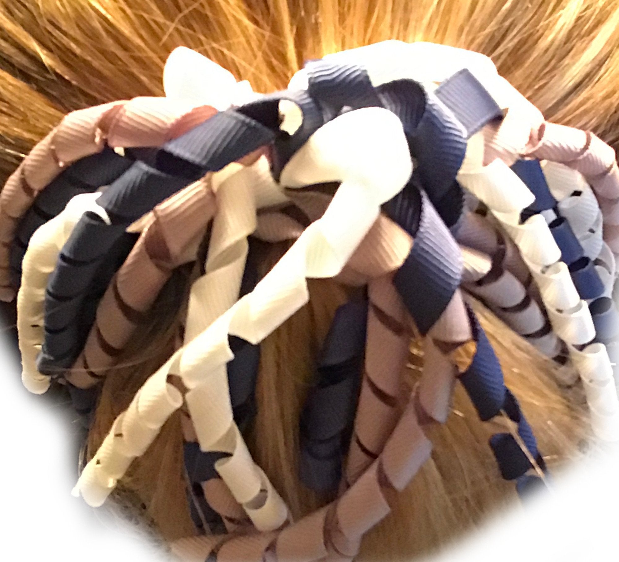 Cheer Ponytail Ribbon –navy blue white and grey